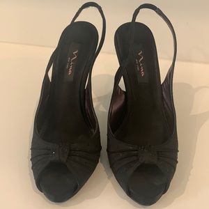 Nina ‘Elza’ black satin evening shoes - 4 1/4” heel. Worn once